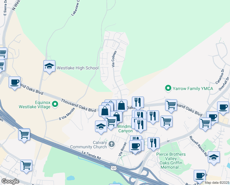 map of restaurants, bars, coffee shops, grocery stores, and more near 177 Via Colinas in Westlake Village