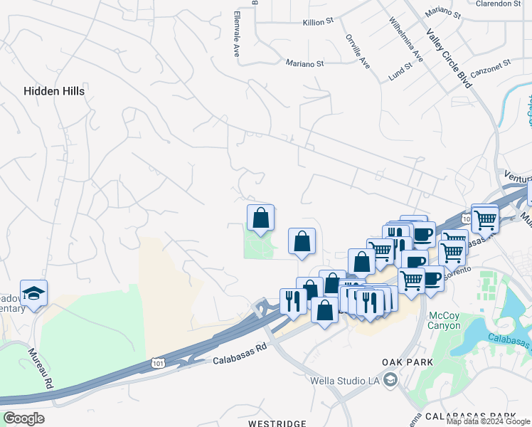 map of restaurants, bars, coffee shops, grocery stores, and more near 24050 Hidden Ridge Road in Hidden Hills