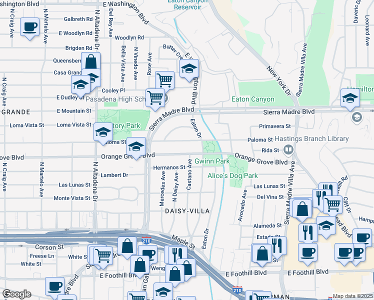 map of restaurants, bars, coffee shops, grocery stores, and more near 2891 East Orange Grove Boulevard in Pasadena