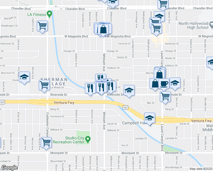 map of restaurants, bars, coffee shops, grocery stores, and more near 4832 Whitsett Avenue in Los Angeles