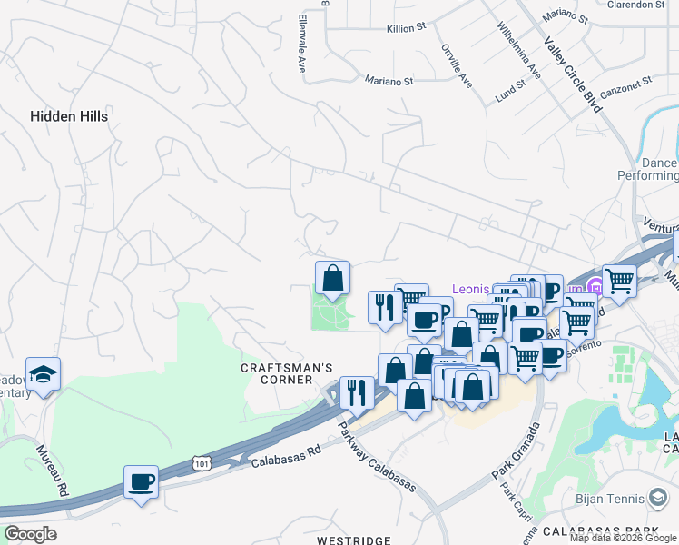 map of restaurants, bars, coffee shops, grocery stores, and more near 24105 Hidden Ridge Road in Hidden Hills