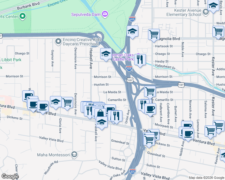 map of restaurants, bars, coffee shops, grocery stores, and more near 15473 La Maida Street in Los Angeles