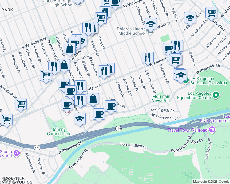 map of restaurants, bars, coffee shops, grocery stores, and more near 438 South Lamer Street in Burbank