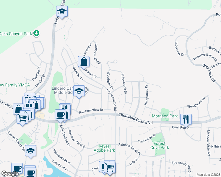 map of restaurants, bars, coffee shops, grocery stores, and more near 5809 Woodglen Drive in Agoura Hills