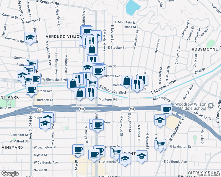 map of restaurants, bars, coffee shops, grocery stores, and more near 930 North Louise Street in Glendale