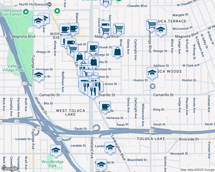 map of restaurants, bars, coffee shops, grocery stores, and more near 4840 Cleon Avenue in Los Angeles