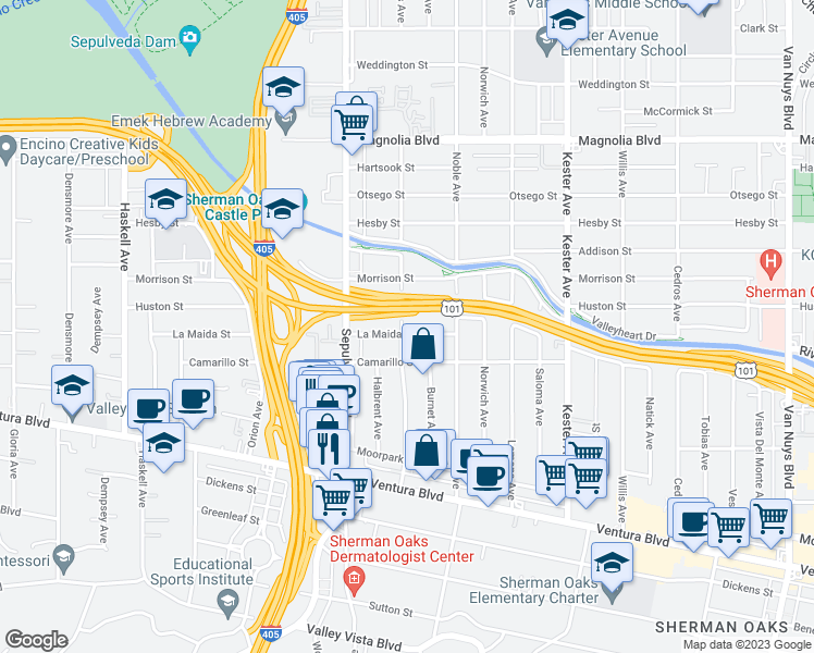 map of restaurants, bars, coffee shops, grocery stores, and more near 15159 La Maida Street in Los Angeles