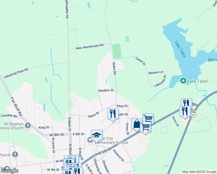 map of restaurants, bars, coffee shops, grocery stores, and more near 112 Sanders Street in Tabor City