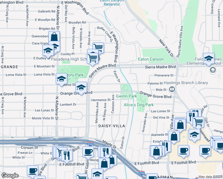map of restaurants, bars, coffee shops, grocery stores, and more near 2891 East Orange Grove Boulevard in Pasadena