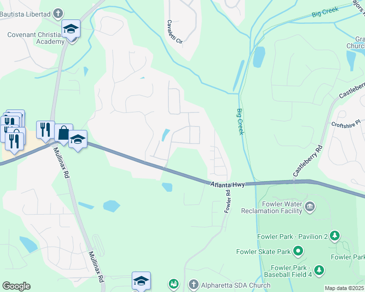 map of restaurants, bars, coffee shops, grocery stores, and more near 4780 Breezewood Circle in Alpharetta
