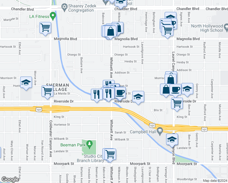 map of restaurants, bars, coffee shops, grocery stores, and more near 4832 Whitsett Avenue in Los Angeles
