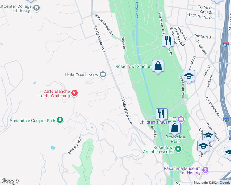 map of restaurants, bars, coffee shops, grocery stores, and more near 775 Linda Vista Avenue in Pasadena