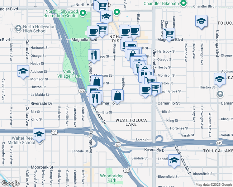 map of restaurants, bars, coffee shops, grocery stores, and more near 11230 Peach Grove Street in Los Angeles