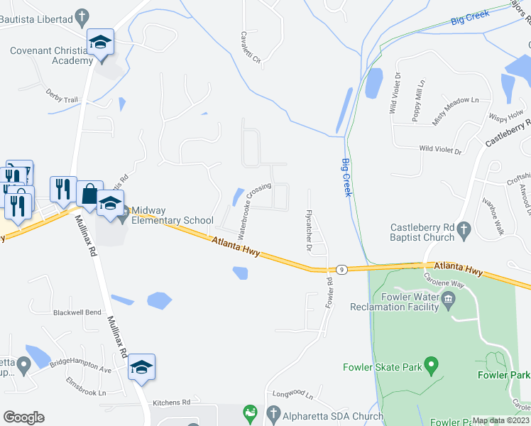 map of restaurants, bars, coffee shops, grocery stores, and more near 4790 Breezewood Circle in Alpharetta