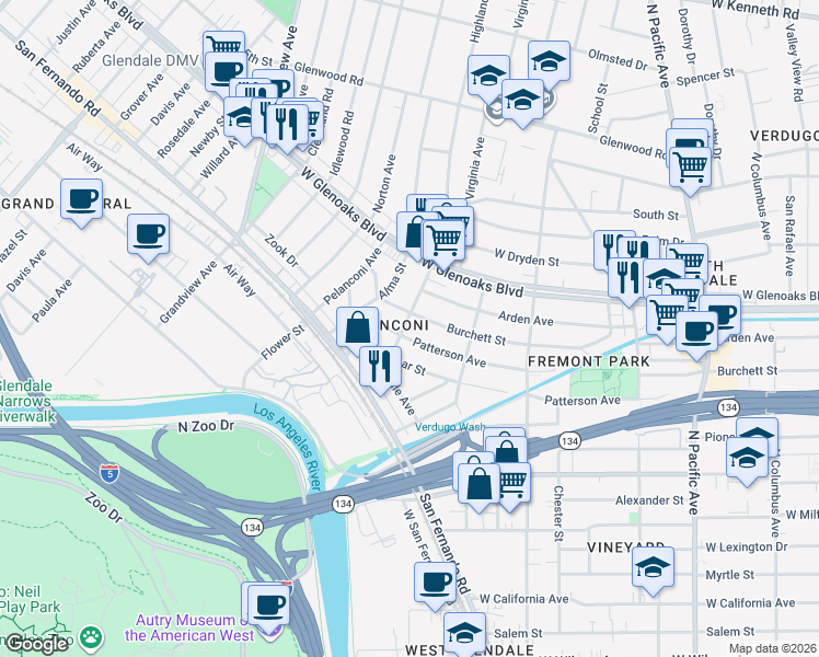 map of restaurants, bars, coffee shops, grocery stores, and more near 830 Highland Avenue in Glendale