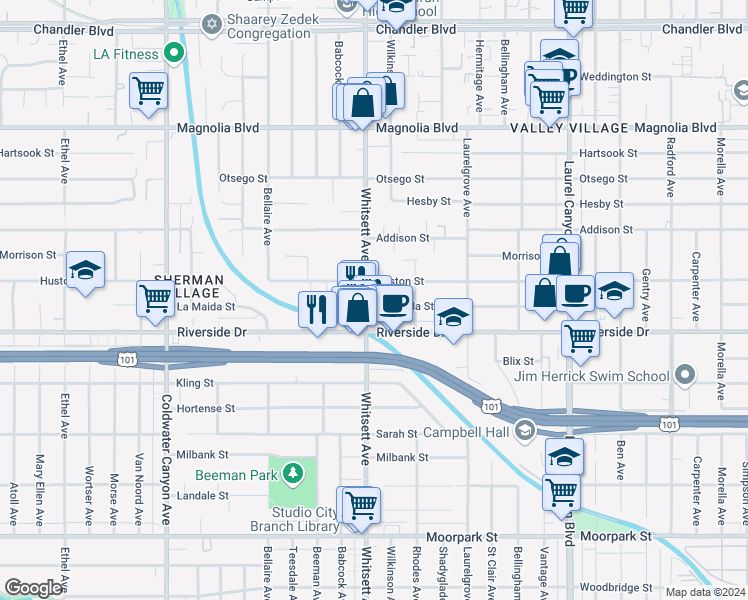 map of restaurants, bars, coffee shops, grocery stores, and more near 4832 Whitsett Avenue in Los Angeles