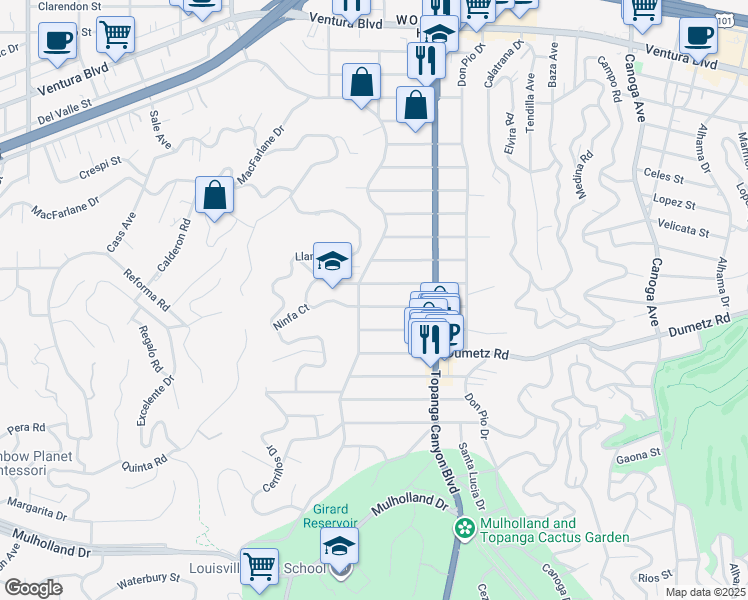 map of restaurants, bars, coffee shops, grocery stores, and more near 22117 San Miguel Street in Woodland Hills