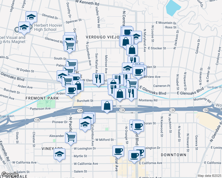 map of restaurants, bars, coffee shops, grocery stores, and more near in Glendale