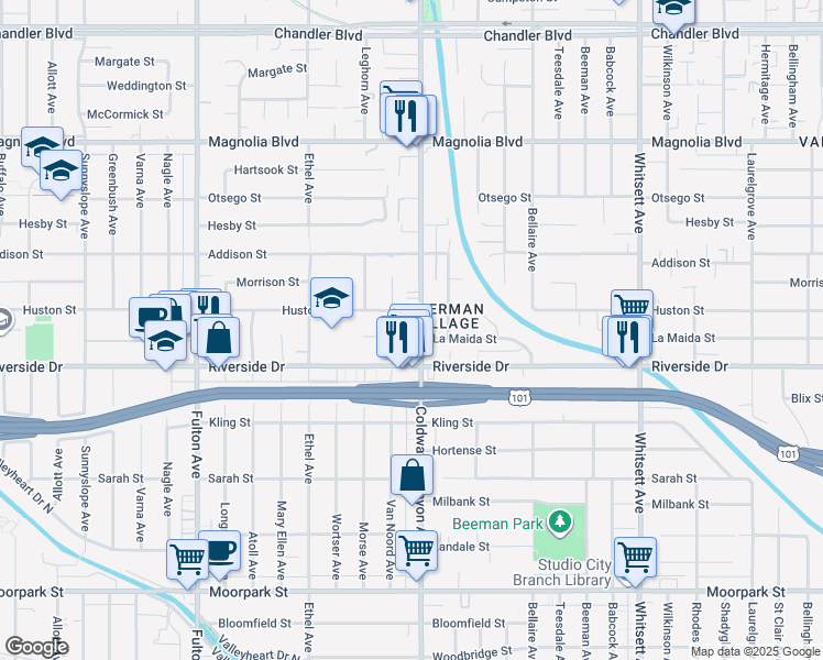 map of restaurants, bars, coffee shops, grocery stores, and more near 4900 Van Noord Avenue in Los Angeles