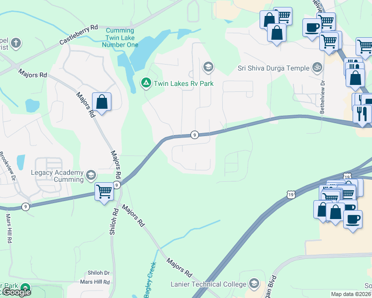 map of restaurants, bars, coffee shops, grocery stores, and more near 2896 Cross Creek Drive in Cumming