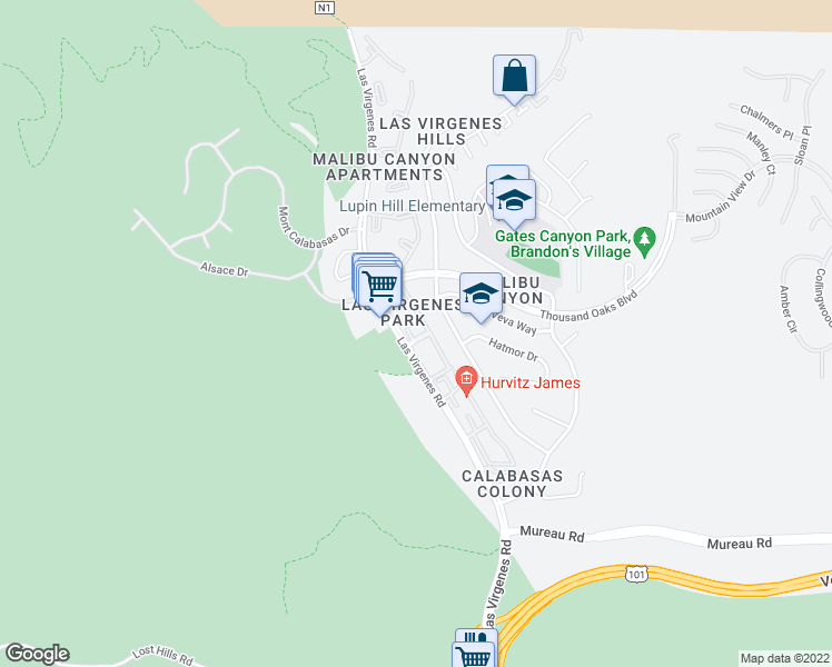 map of restaurants, bars, coffee shops, grocery stores, and more near 5602 Las Virgenes Road in Calabasas