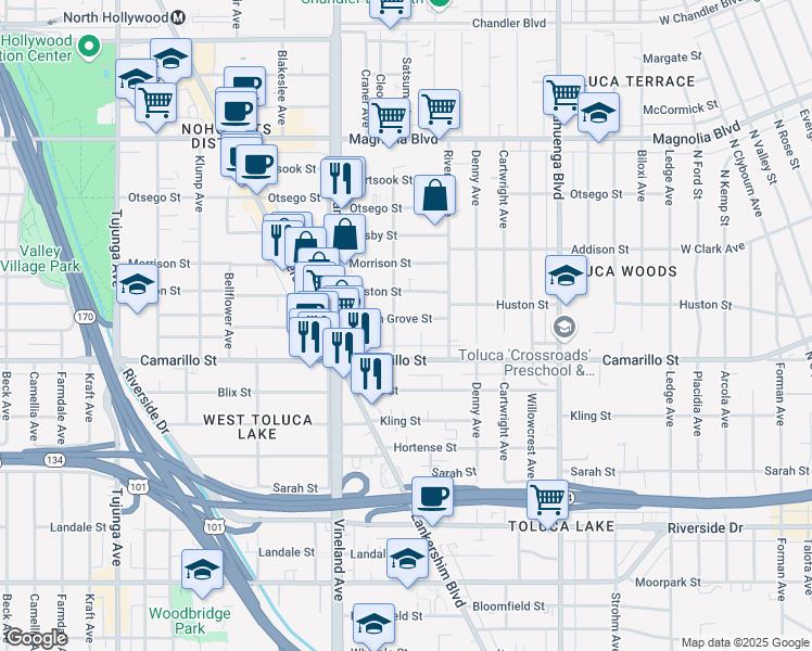 map of restaurants, bars, coffee shops, grocery stores, and more near 10846 Peach Grove Street in Los Angeles