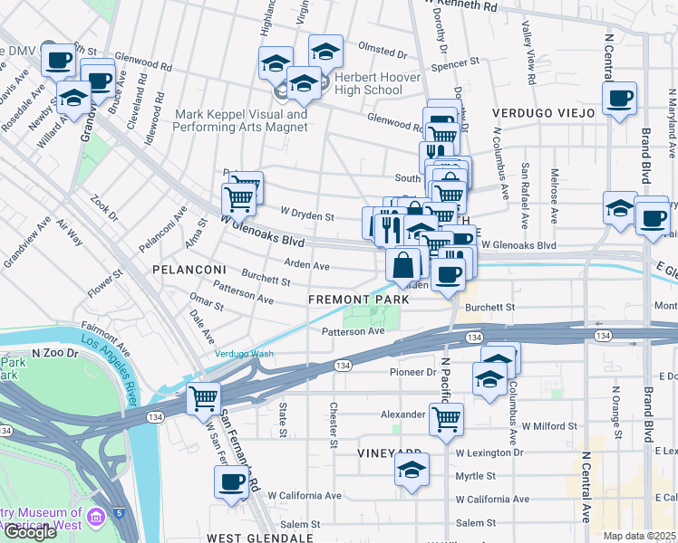 map of restaurants, bars, coffee shops, grocery stores, and more near 409 Burchett Street in Glendale
