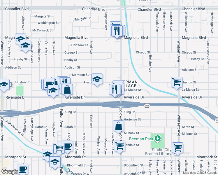 map of restaurants, bars, coffee shops, grocery stores, and more near 4909 Morse Avenue in Los Angeles