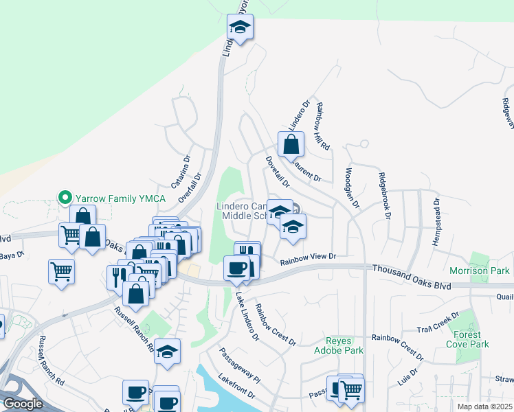 map of restaurants, bars, coffee shops, grocery stores, and more near 5848 Lake Lindero Drive in Agoura Hills
