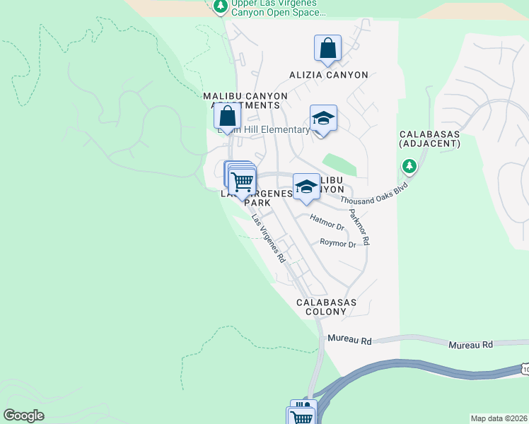 map of restaurants, bars, coffee shops, grocery stores, and more near 5602 Las Virgenes Road in Calabasas