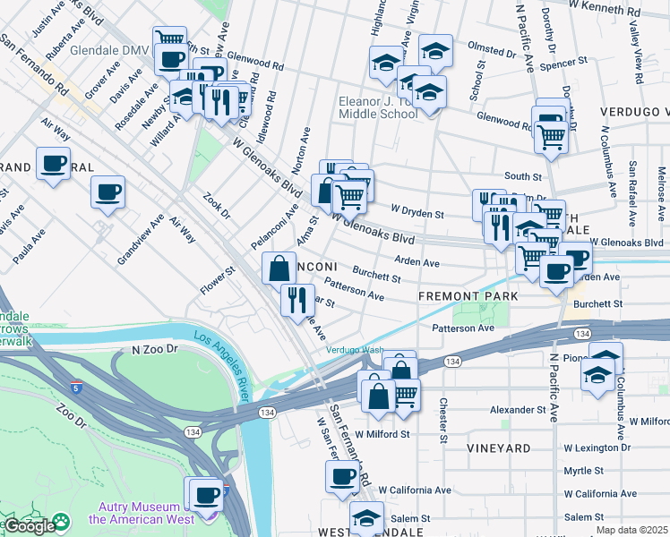 map of restaurants, bars, coffee shops, grocery stores, and more near 842 Arden Avenue in Glendale