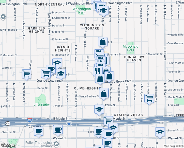 map of restaurants, bars, coffee shops, grocery stores, and more near 784 Elmira Street in Pasadena
