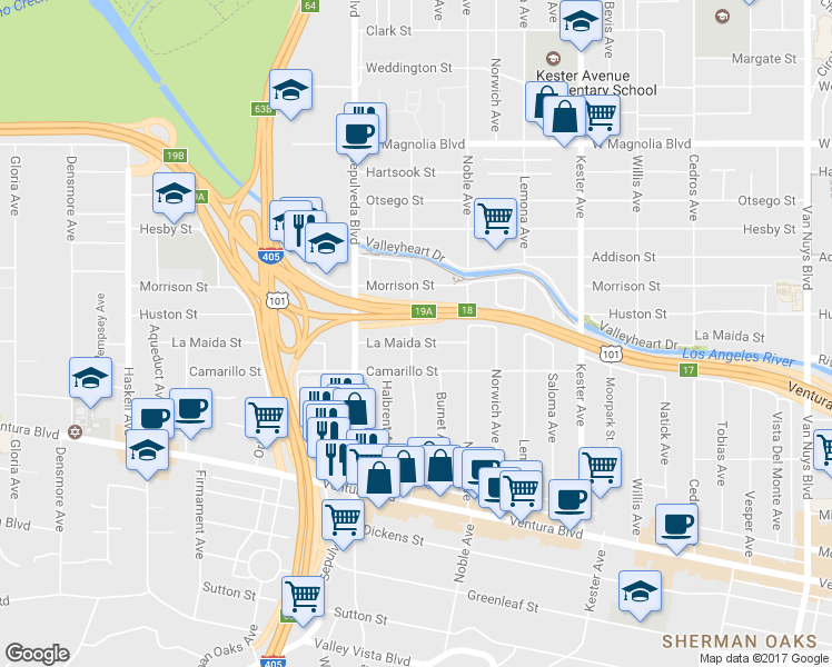 map of restaurants, bars, coffee shops, grocery stores, and more near 15159 La Maida Street in Los Angeles