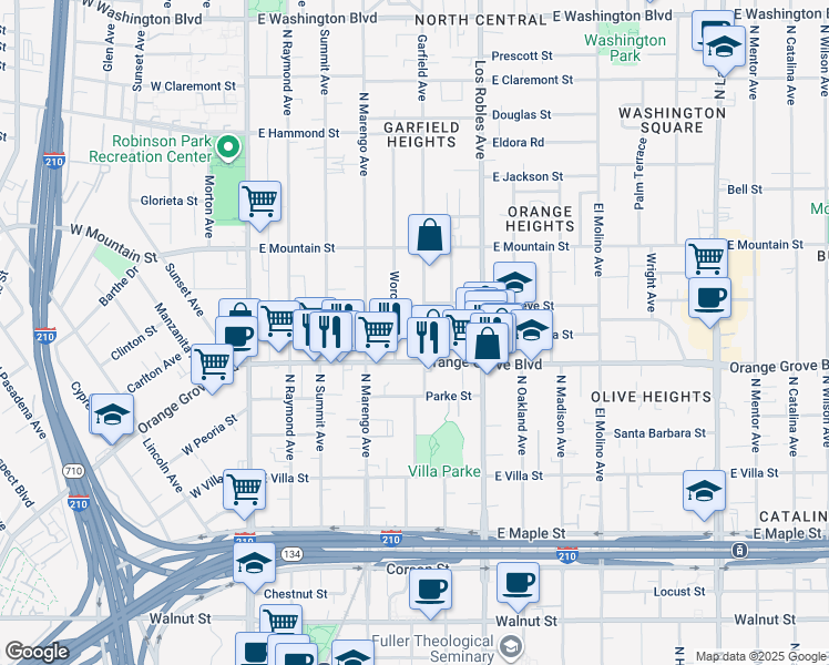 map of restaurants, bars, coffee shops, grocery stores, and more near 801 Garfield Avenue in Pasadena