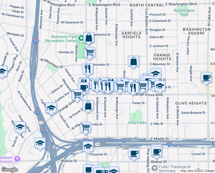 map of restaurants, bars, coffee shops, grocery stores, and more near 162 Painter Street in Pasadena