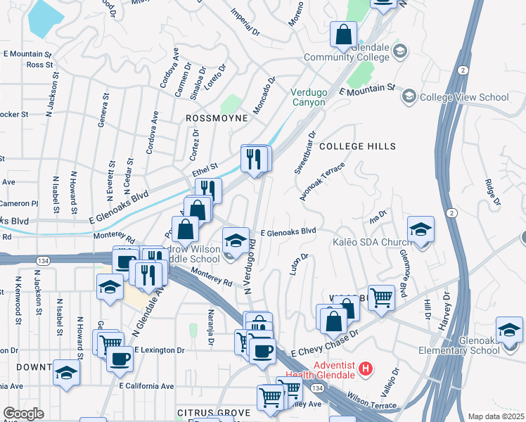 map of restaurants, bars, coffee shops, grocery stores, and more near 1004 North Verdugo Road in Glendale