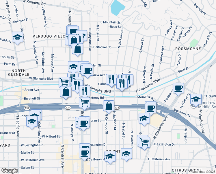 map of restaurants, bars, coffee shops, grocery stores, and more near 403 Cameron Place in Glendale