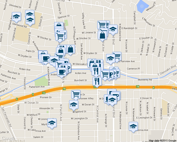 map of restaurants, bars, coffee shops, grocery stores, and more near 300 West Glenoaks Boulevard in Glendale