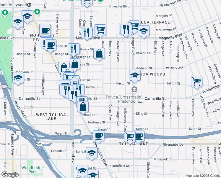 map of restaurants, bars, coffee shops, grocery stores, and more near 10765 Huston Street in Los Angeles