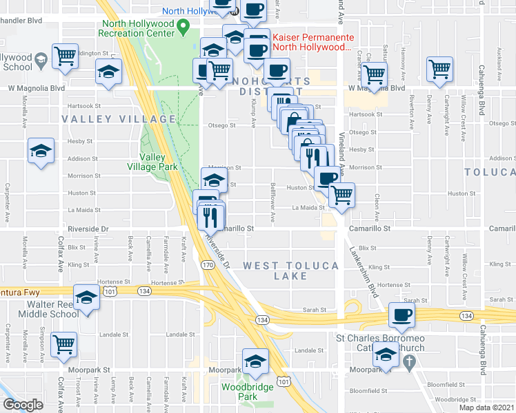 map of restaurants, bars, coffee shops, grocery stores, and more near in Los Angeles