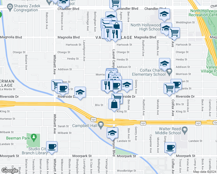 map of restaurants, bars, coffee shops, grocery stores, and more near 12141 Huston Street in Los Angeles