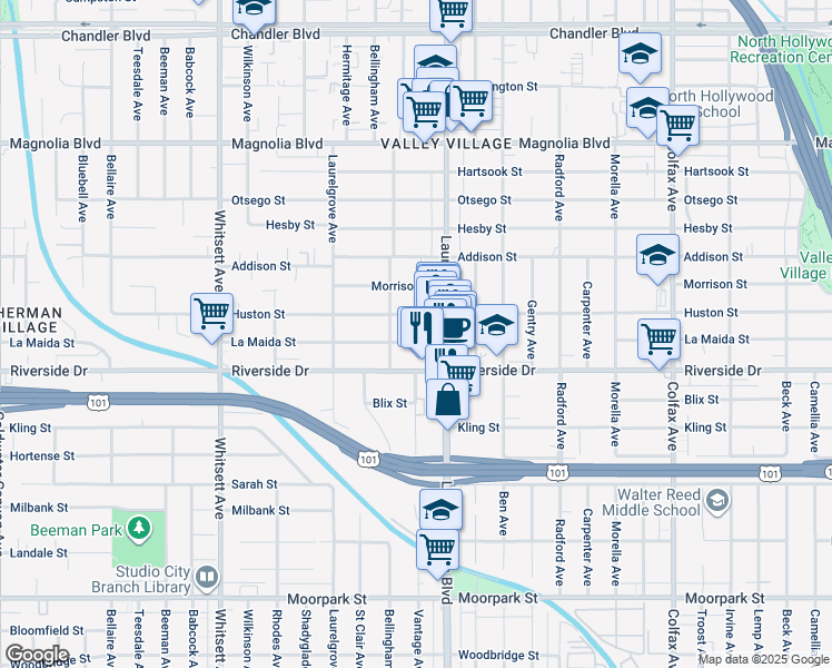 map of restaurants, bars, coffee shops, grocery stores, and more near 12141 Huston Street in Los Angeles