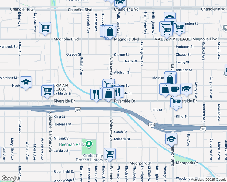 map of restaurants, bars, coffee shops, grocery stores, and more near 4905 Whitsett Avenue in Los Angeles
