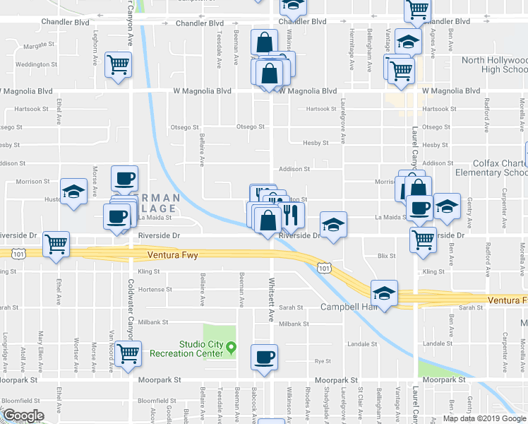 map of restaurants, bars, coffee shops, grocery stores, and more near 4905 Whitsett Avenue in Los Angeles