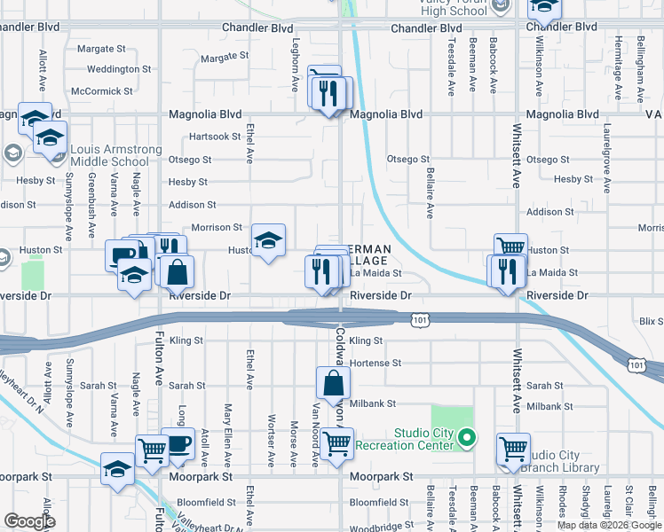 map of restaurants, bars, coffee shops, grocery stores, and more near 4900 Van Noord Avenue in Los Angeles