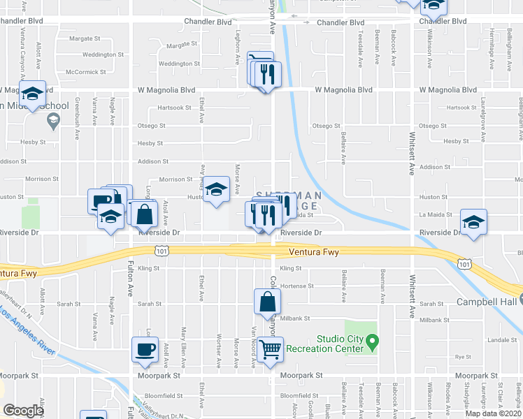 map of restaurants, bars, coffee shops, grocery stores, and more near 4900 Van Noord Avenue in Los Angeles