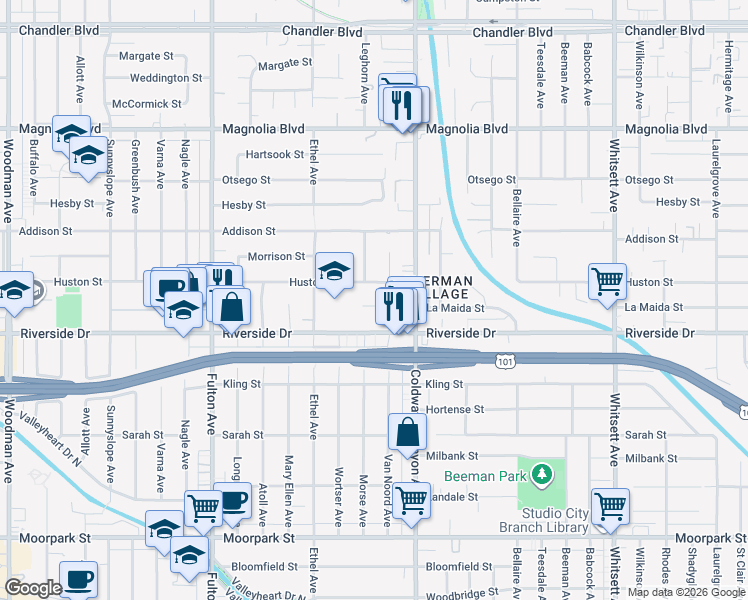 map of restaurants, bars, coffee shops, grocery stores, and more near 4909 Morse Avenue in Los Angeles