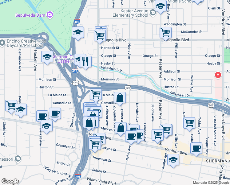 map of restaurants, bars, coffee shops, grocery stores, and more near 15200 Morrison Street in Los Angeles