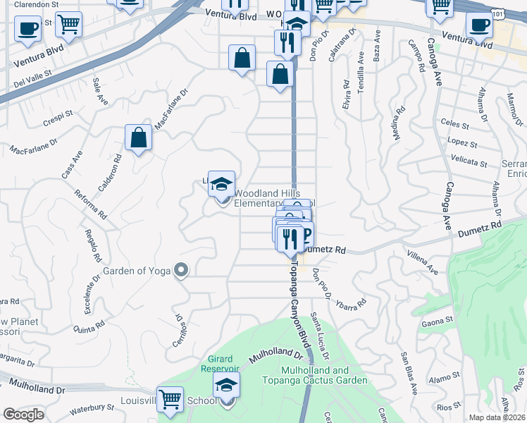 map of restaurants, bars, coffee shops, grocery stores, and more near 22101 De La Osa Street in Los Angeles