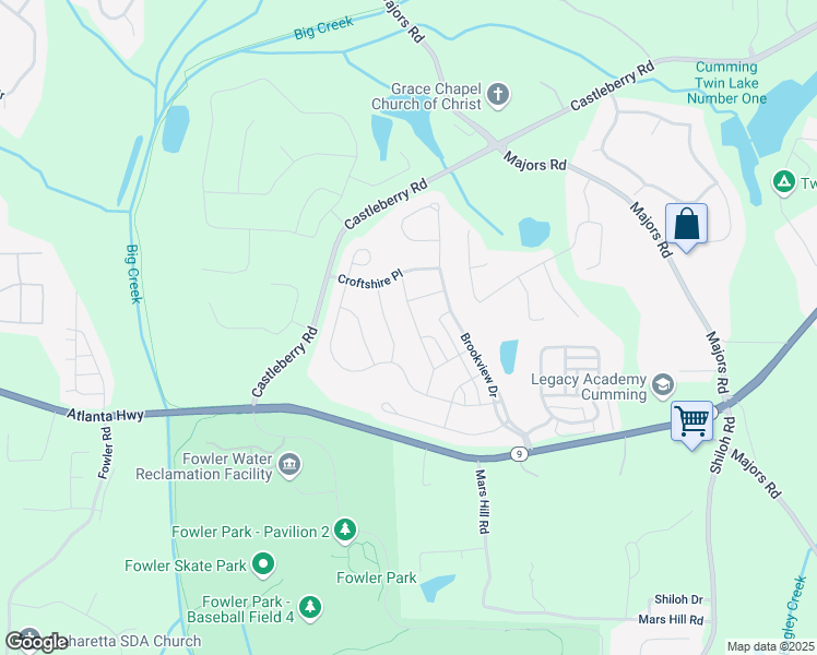 map of restaurants, bars, coffee shops, grocery stores, and more near 4425 Atwood Drive in Cumming